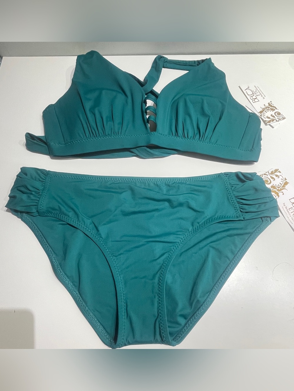 BECCA Teal Halter Bikini Set with Ladder Front Detail turquoise Color